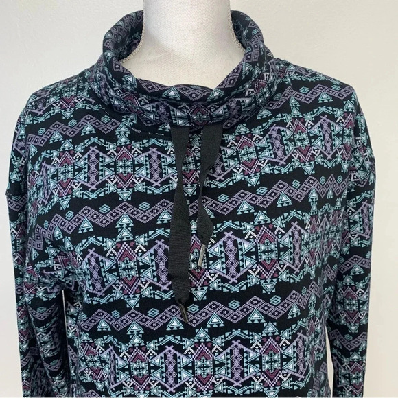 Womans Top Shirt Medium Mock Neck Tunic Purple Print Long Sleeve Pocket Comfy - Picture 2 of 11